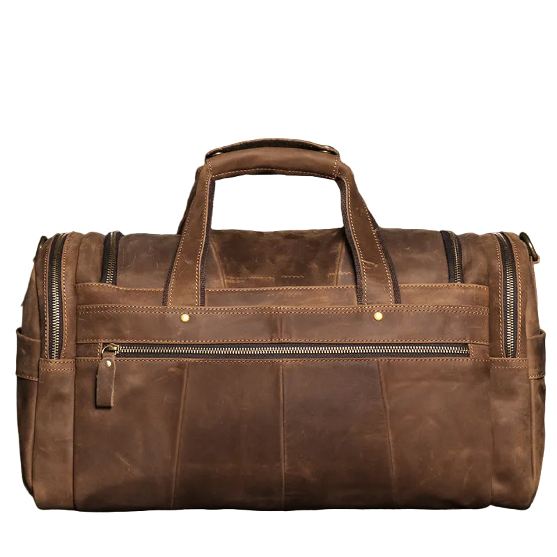 Khal Gold Windsor leather holdall in retro brown crazy horse leather, back view with the rear slip pocket