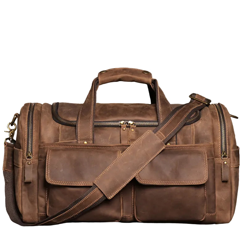 Khal Gold Windsor leather holdall in retro brown crazy horse leather, front view with buckled end pockets and detachable shoulder strap